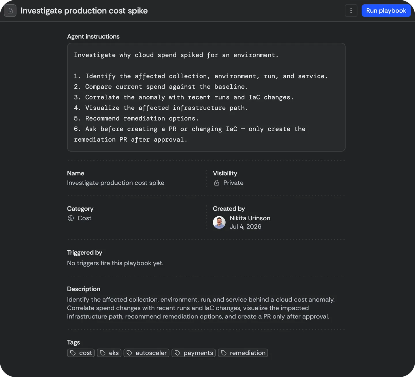 A saved playbook: its agent instructions, ready to run on demand