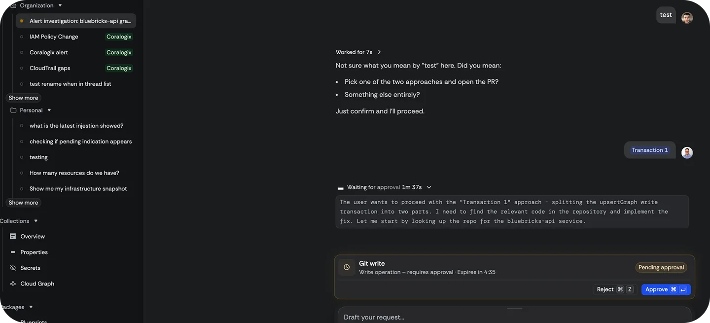 The shared thread awaiting approval before the agent uses a tool