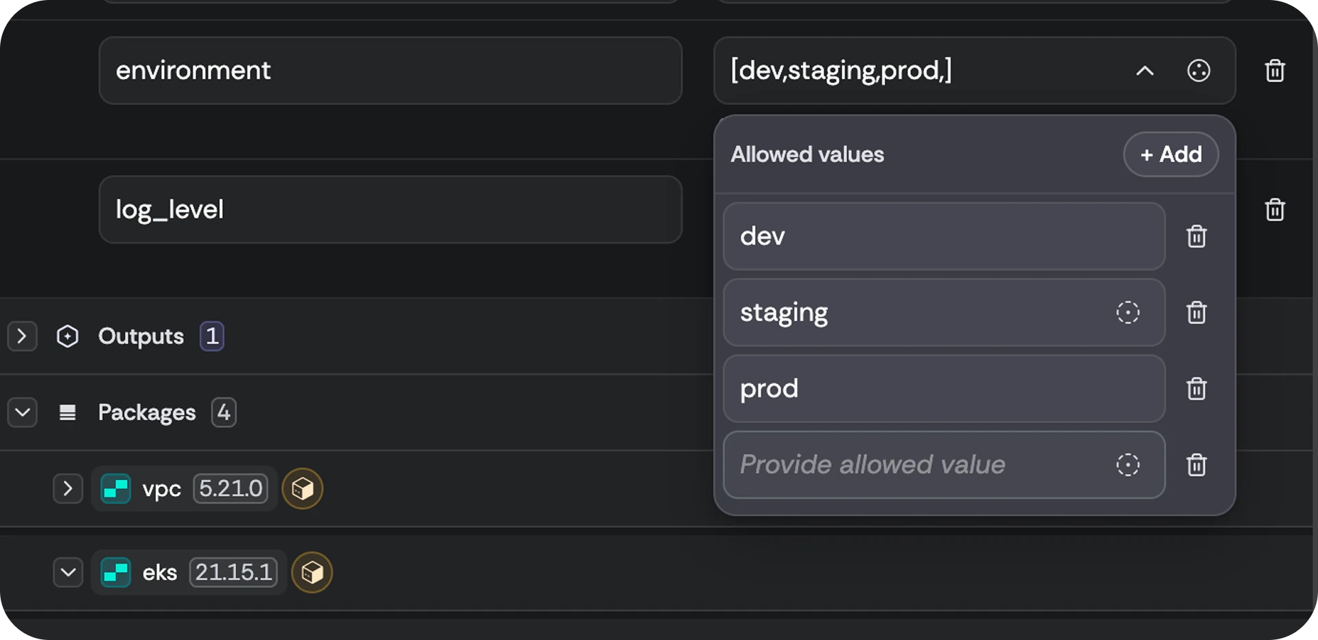 An allowed-value input: the deployer picks from a set, not a blank field
