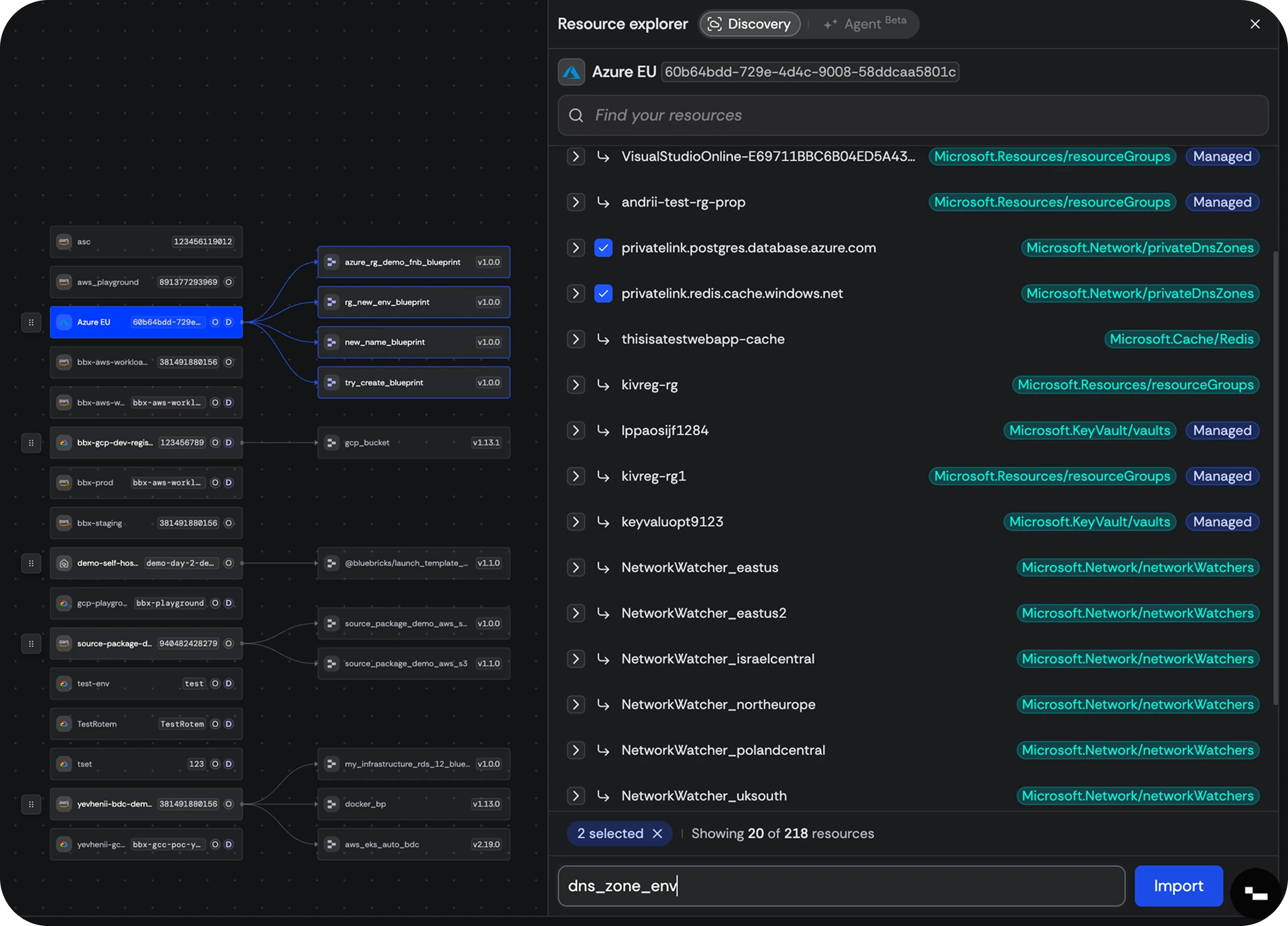 The discovery explorer over a live Azure account: pick the resources, name the environment, import
