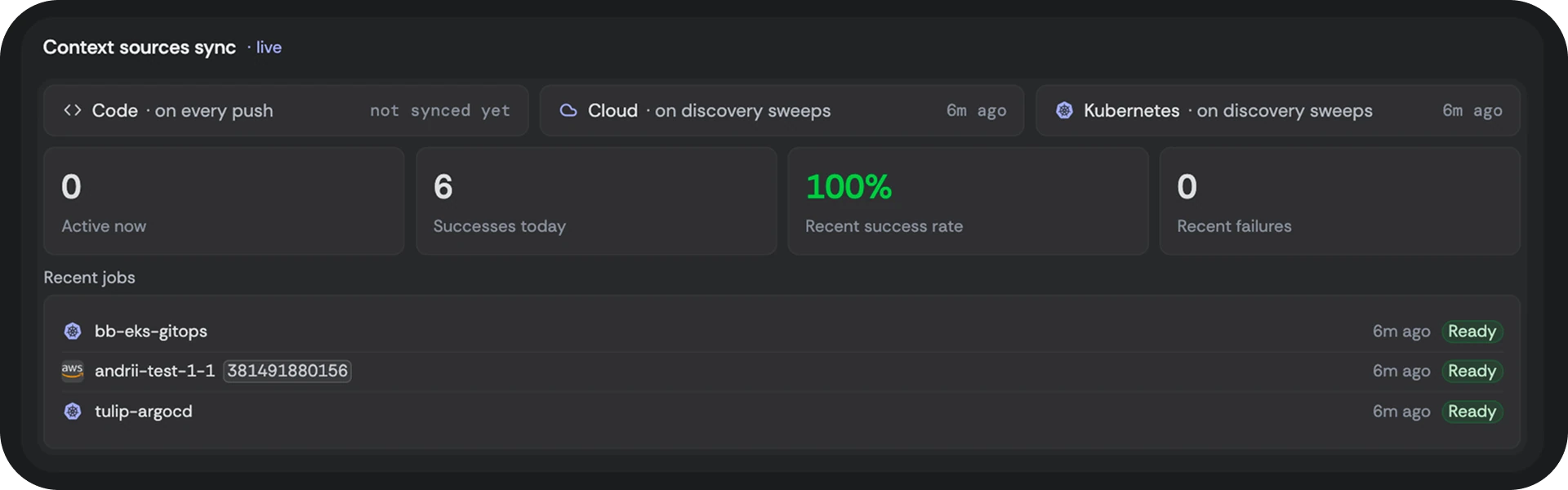 The live context-sources sync view, jobs streaming their status and timing in real time