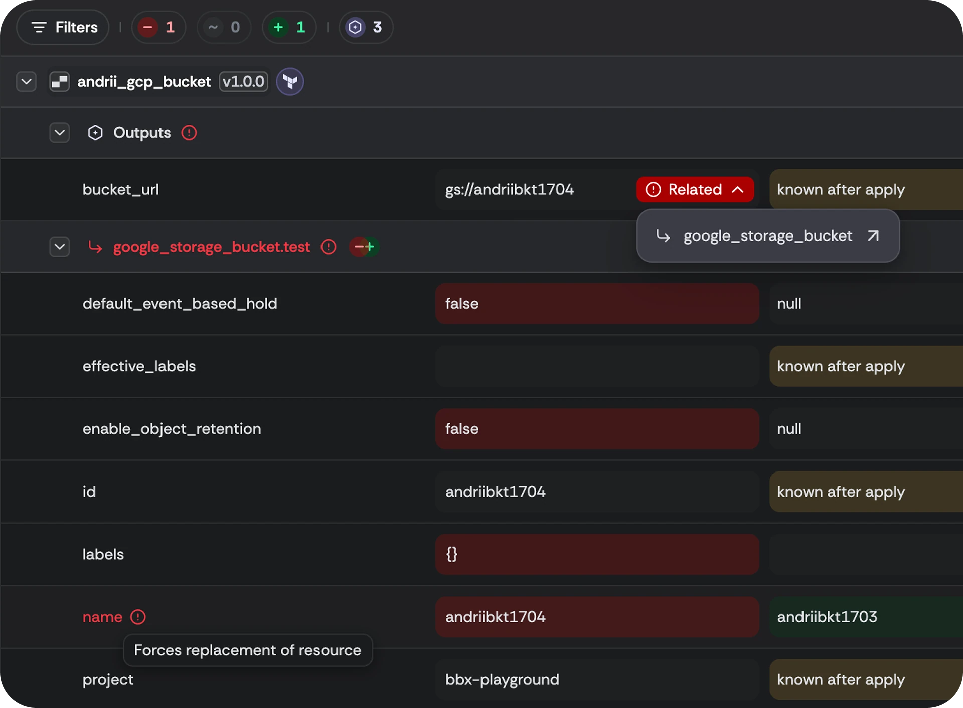 Related resources surfaced inline, so a replacement shows what it will ripple into