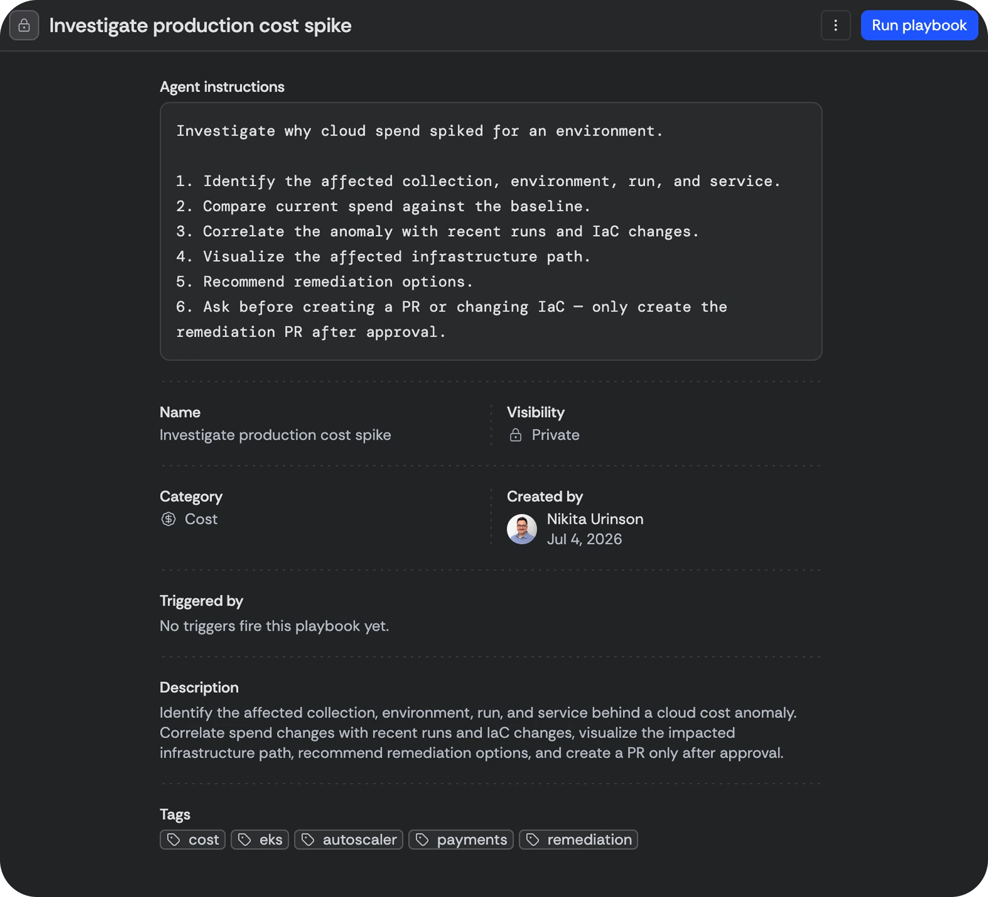 A saved playbook: its agent instructions, ready to run on demand