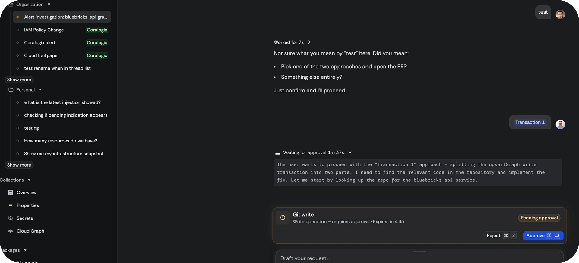 The shared thread awaiting approval before the agent uses a tool
